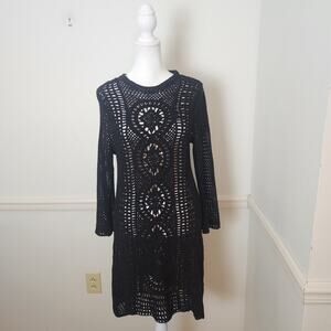 Free People Dress Sz Small Womens Open Knit Crochet Black Boho WhimsiGoth Fairy